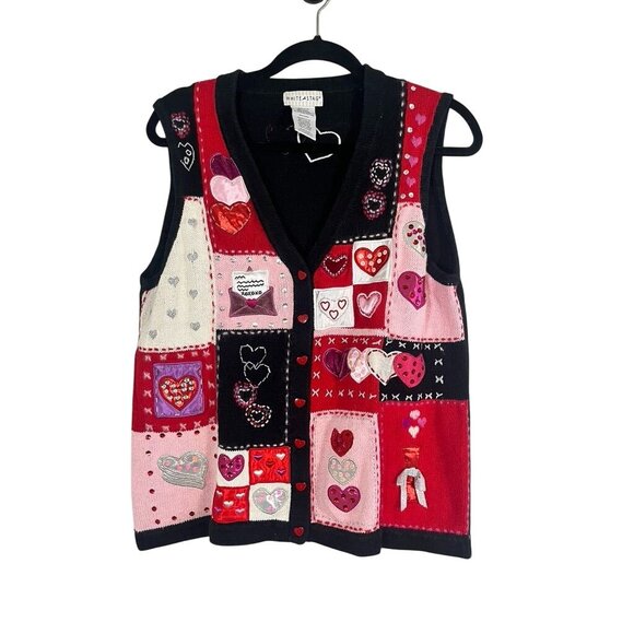 White Stag Sweaters - Retro Valentine Sweater Knit Vest Pink 12 Beaded Patchwork Classic Chic Metallic